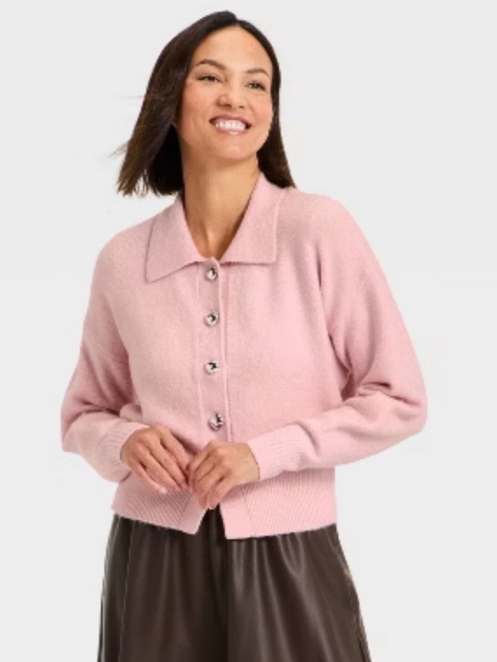 A New Day Women’s Long Sleeve Pink Heart Button Cardigan